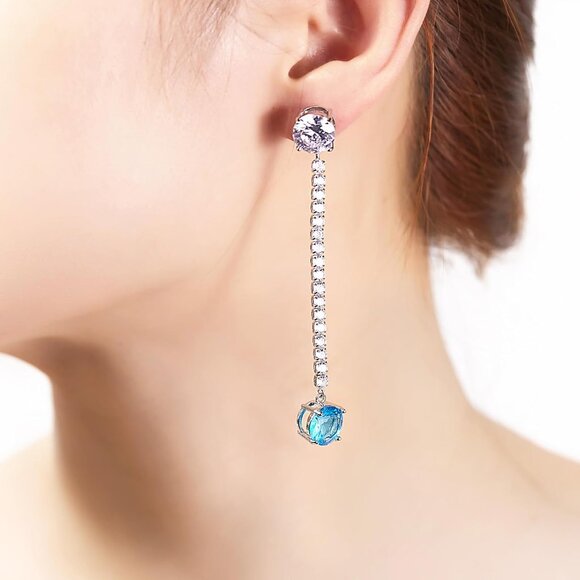 Asymmetrical Pink & Blue Cubic Zirconia Drop Earrings 3.15" Gold Plated for Wome - Picture 4 of 7